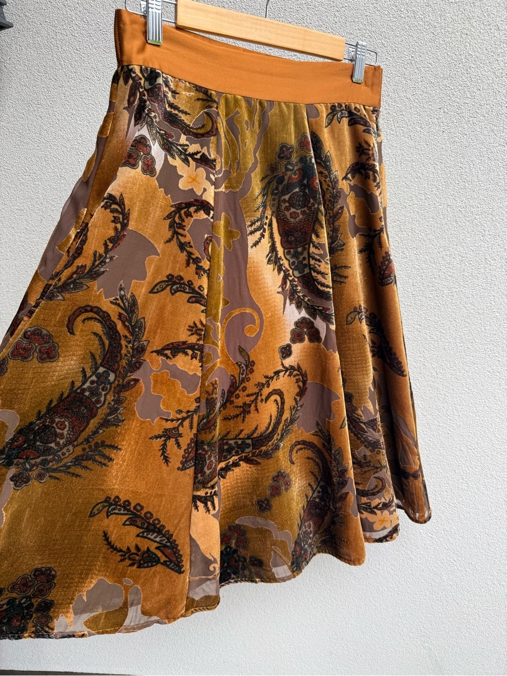 Coldwater Creek Skirt Brown Velvet Burnout Midi Skirt Flare Lined Boho Size PS